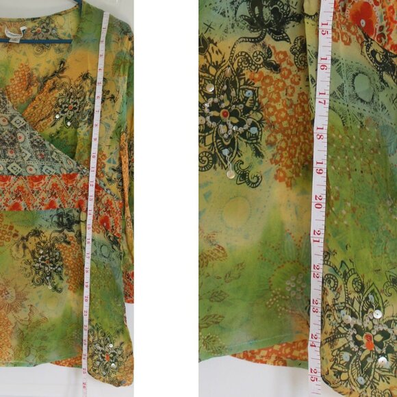 Coldwater Creek Top 100% Silk Blouse Faux Wrap Womens M Orange Green Boho 70's - Picture 8 of 8